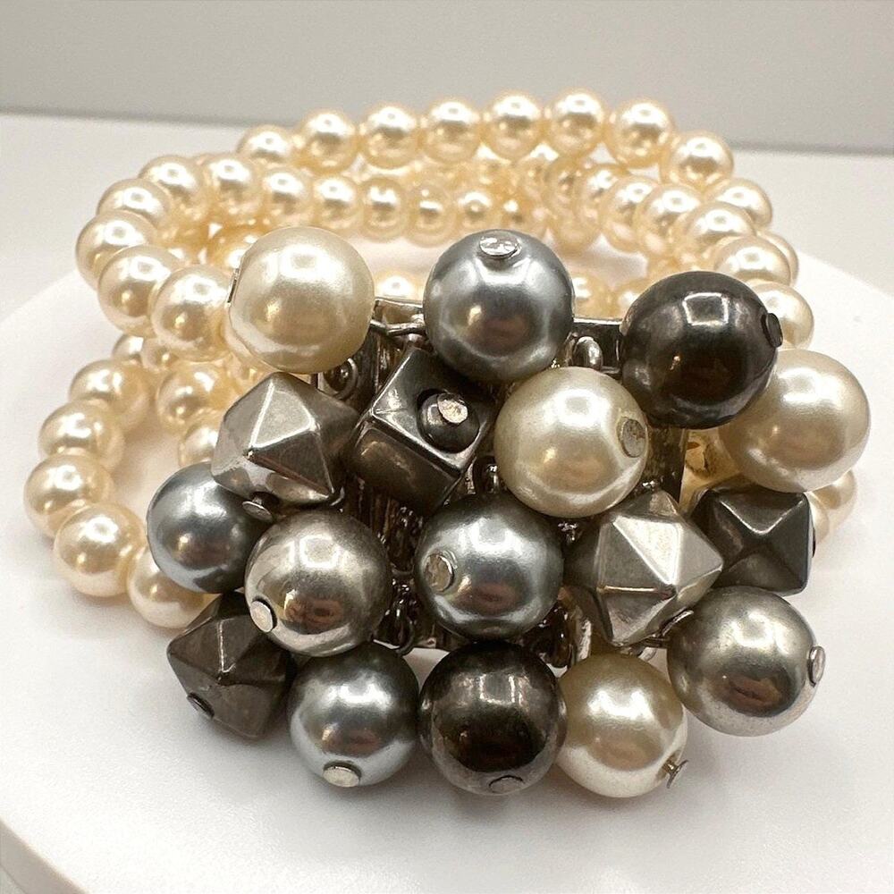 Vintage 90s Faux Pearl Cluster Mixed-Bead Stretch Bracelet Silver Tone Jewelry